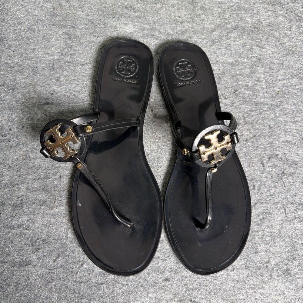 Tory Burch Women's Sz 6 Mini Miller Black- Gold Logo Flat Thong Jelly Sandals